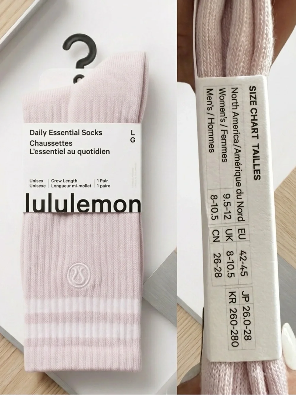NWT LULULEMON LU9CLAS DAILY ESSENTIAL CREW SOCKS LARGE PINK PEARL WHITE NWT